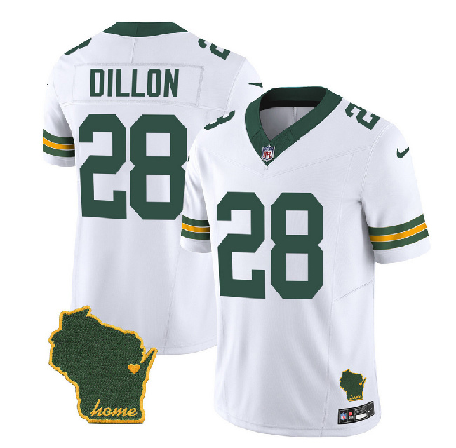 Men's Green Bay Packers #28 A.J. Dillon White Home Patch 2023 F.U.S.E. Vapor Untouchable Limited Stitched Jersey - Click Image to Close